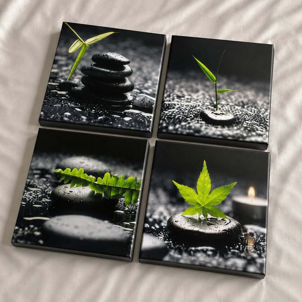 SUMGAR 4-Piece Zen Stone and Green Leaf Canvas Wall Art Set